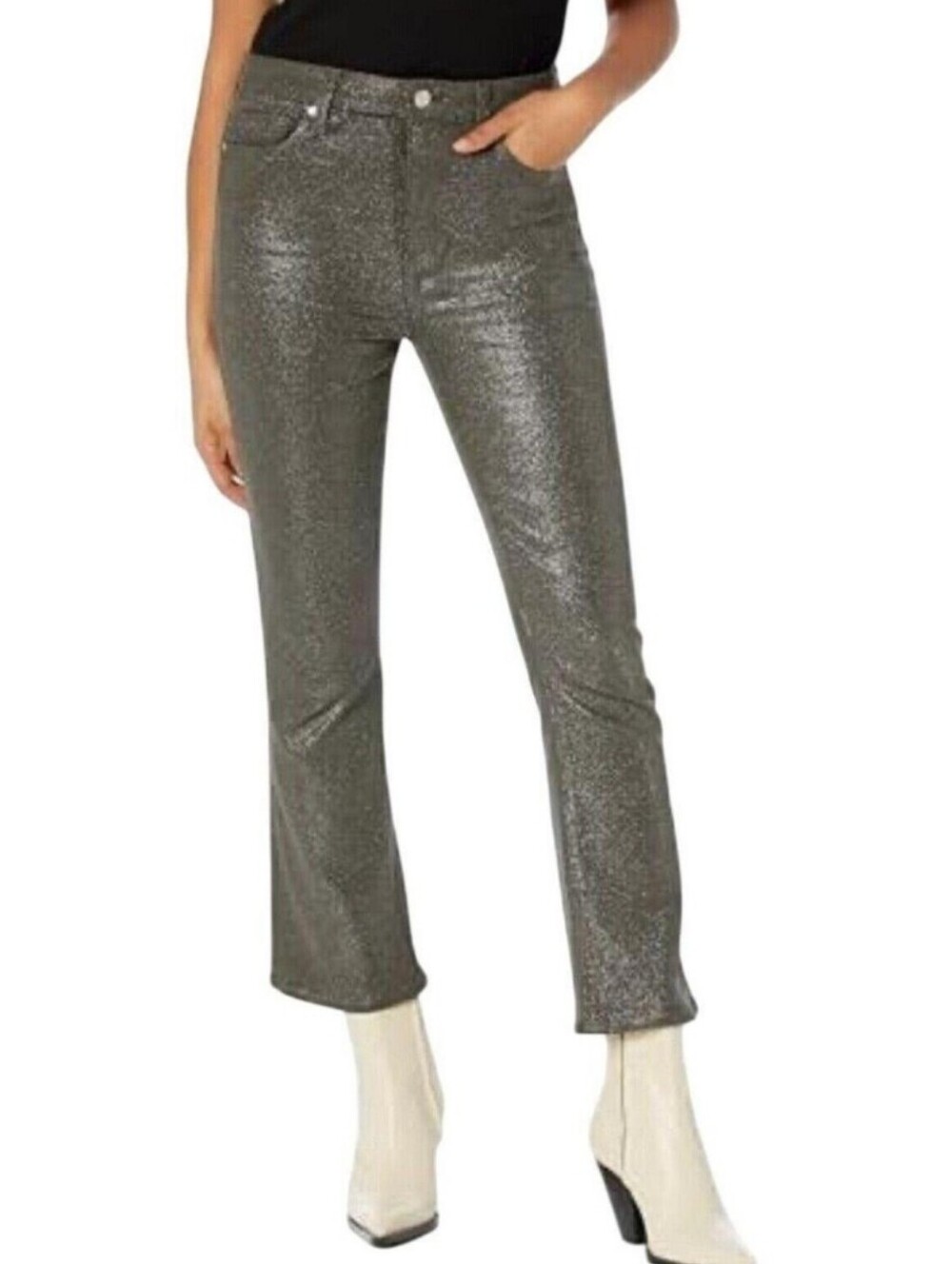 Paige Claudine Cropped Flare JEANS Metallic Silver Women's Size 28